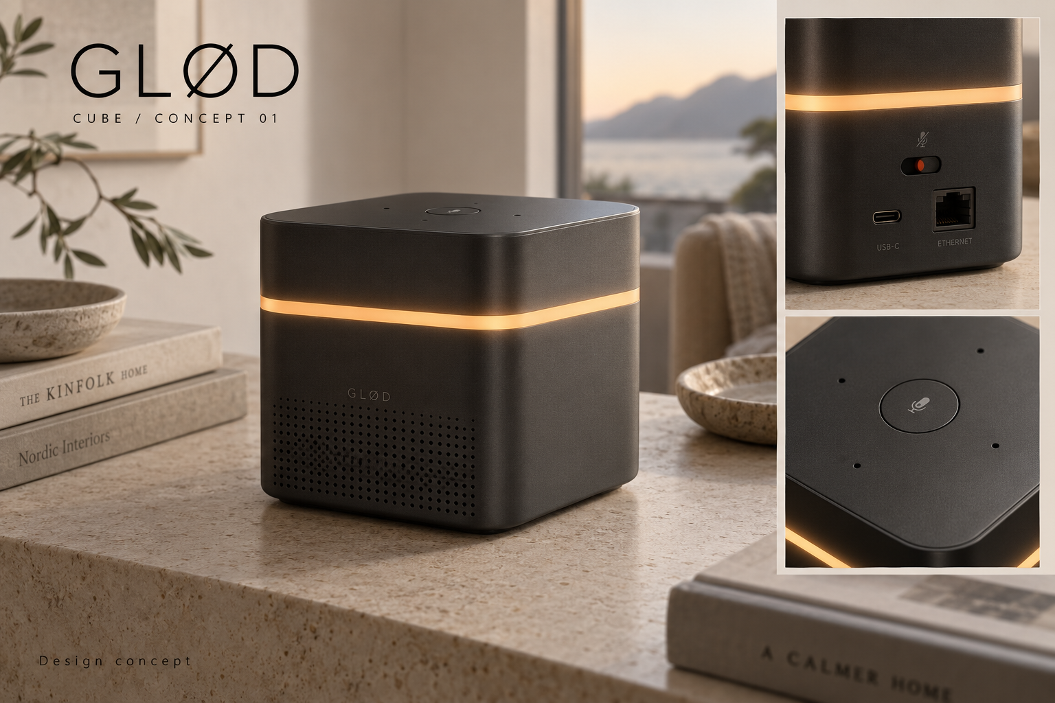 Designkonsept for GLØD Cube — mørk kube med varmt lysbånd